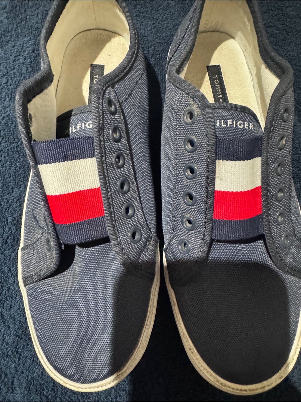 Tommy Hilfiger Navy Canvas Slip-On Sneakers with Red & White Accent